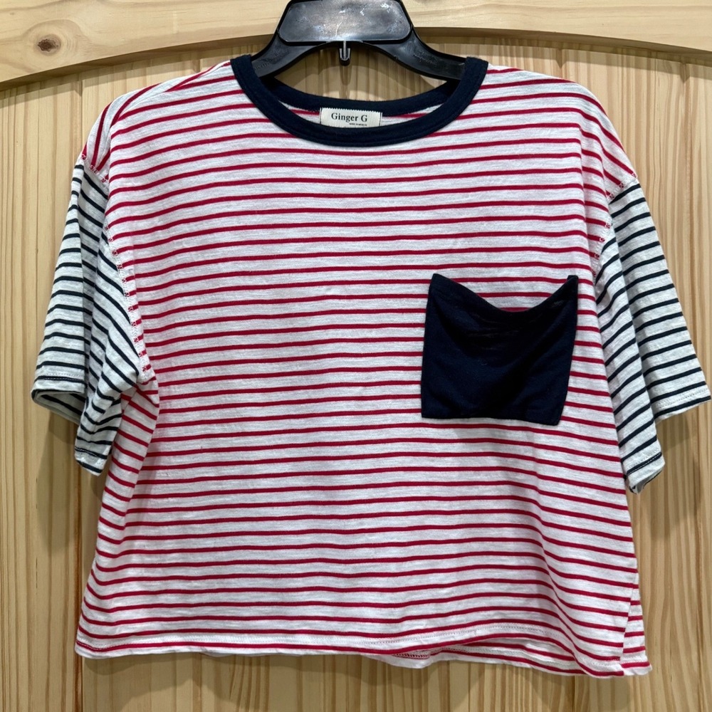 Ginger G Women Red White Striped Crop Top Pocket T-Shirt Medium L3000-1